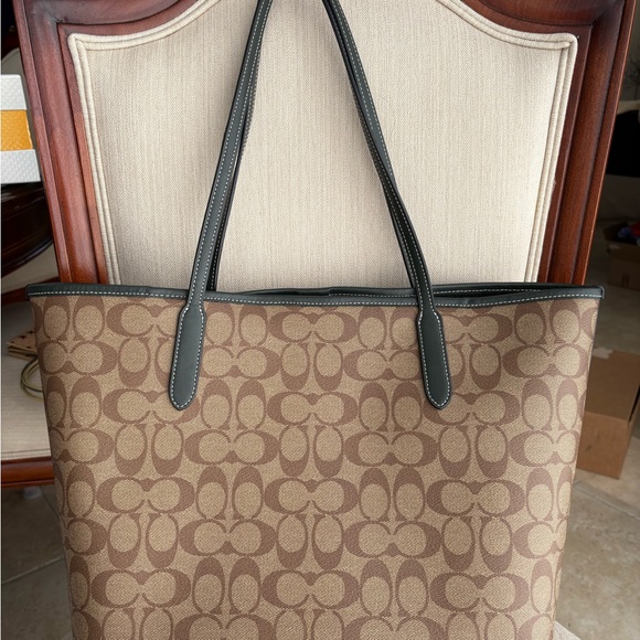 Coach Green and Brown Signature “collegiate” Tote - Picture 2 of 6